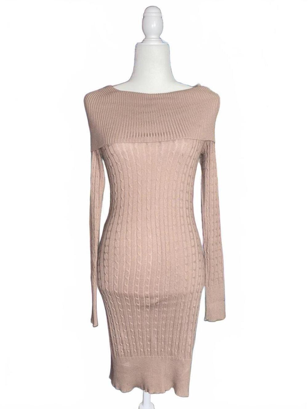 Bebe beige cable knit off the shoulder long sleeve bodycon dress
